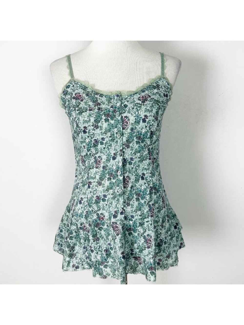 Y2K Green Floral Peplum Tank Top Button Front‎ Lace Trim Size Medium Women's